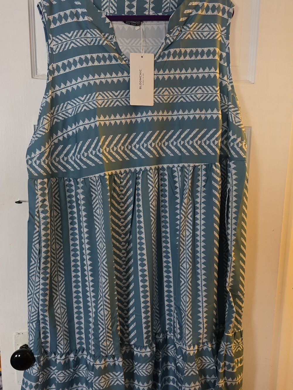 BloomChic Teal and White Geometric Midi V-neck Tank Dress
